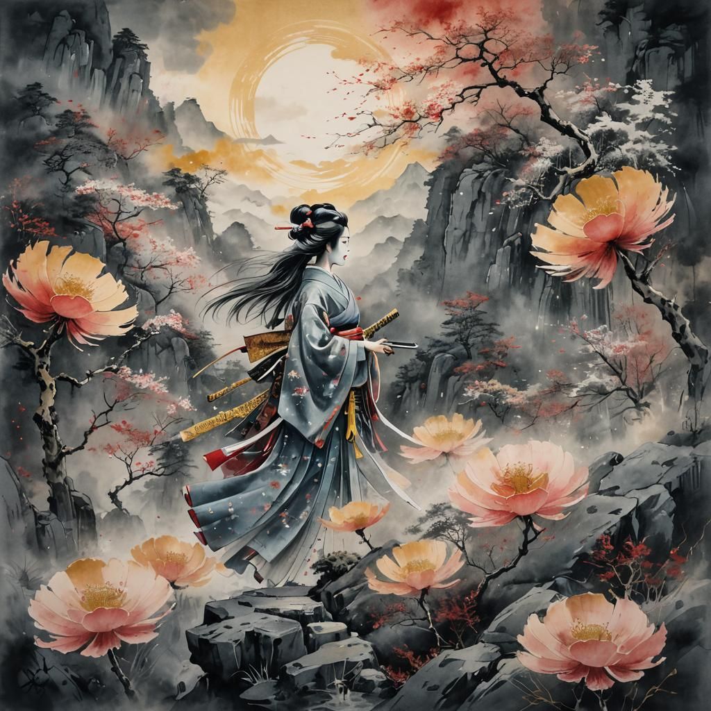 Geisha Warrior in Misty Mountain Pass: Expressionist Ink Was...