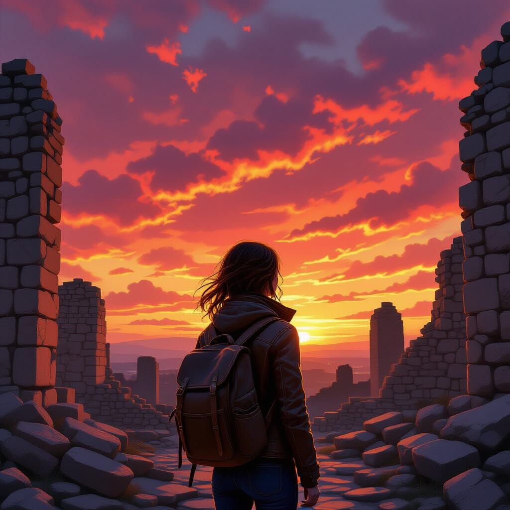 Traveler Amidst Ruins Under Crimson Sky