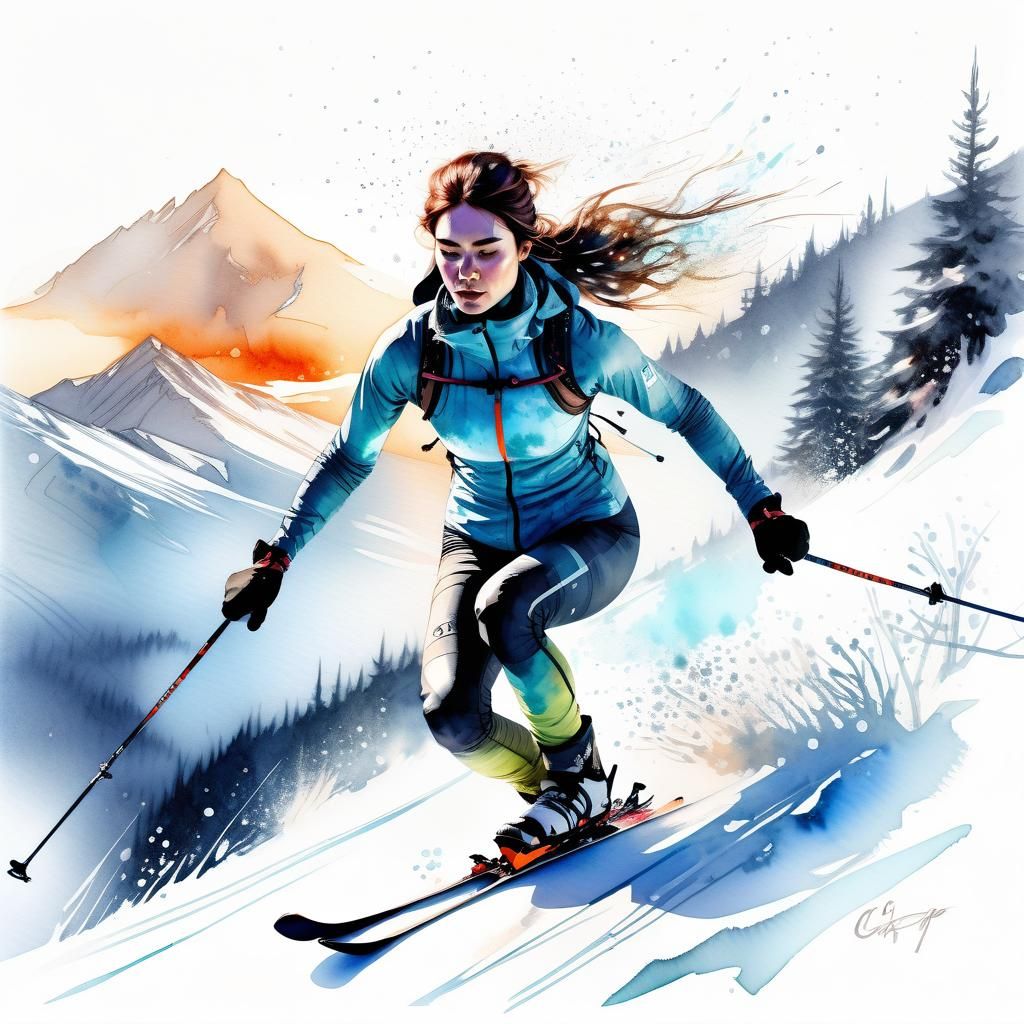 Woman Skiing in Digital Watercolor Fantasy Landscape