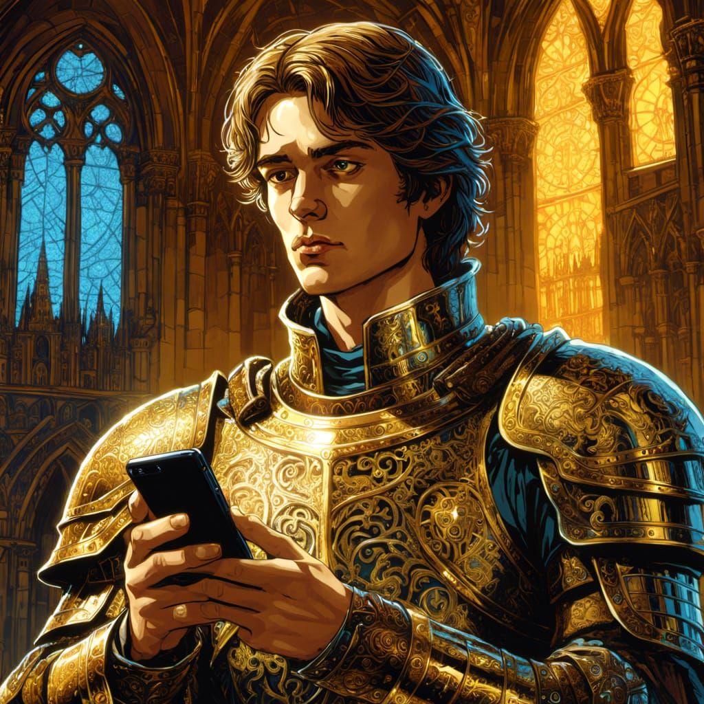 Teenager Shows Cellphone to Knight in Druillet Style