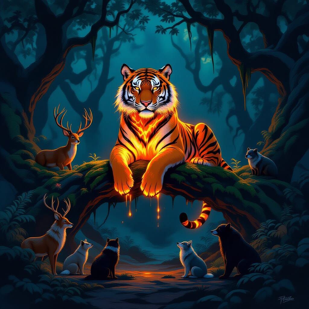 Lava Tiger King Rules Forest, Animals Bow in Reverence