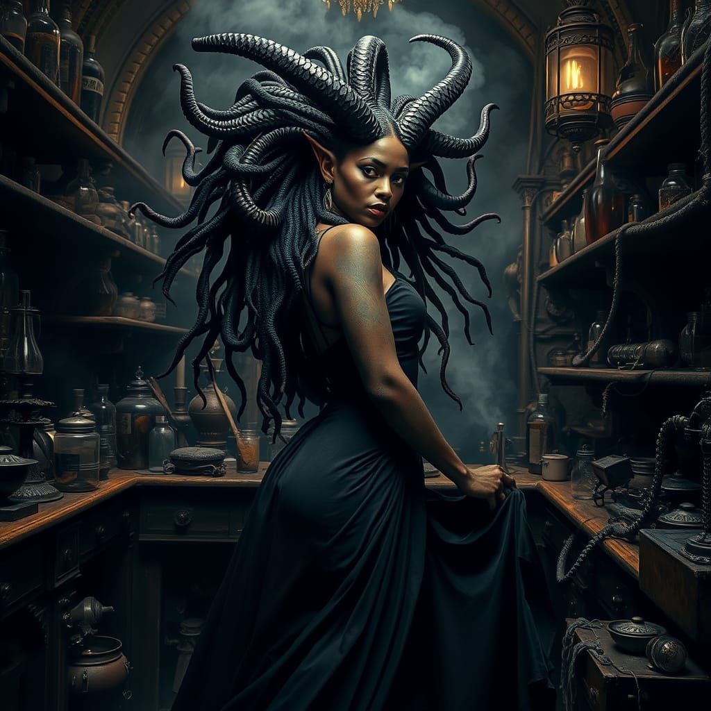 Haunting Voodoo Demoness in Alchemist's Laboratory