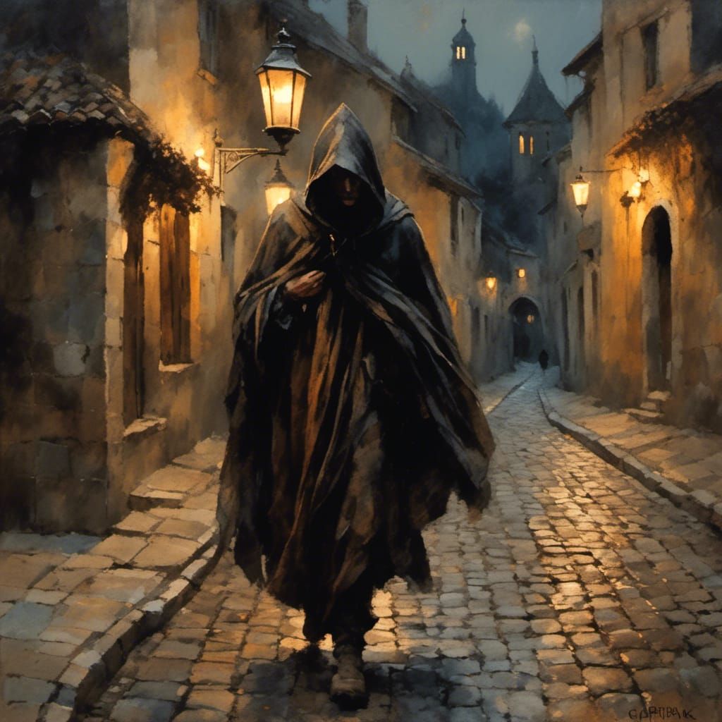 Mysterious Cloaked Figure on Cobblestone Street