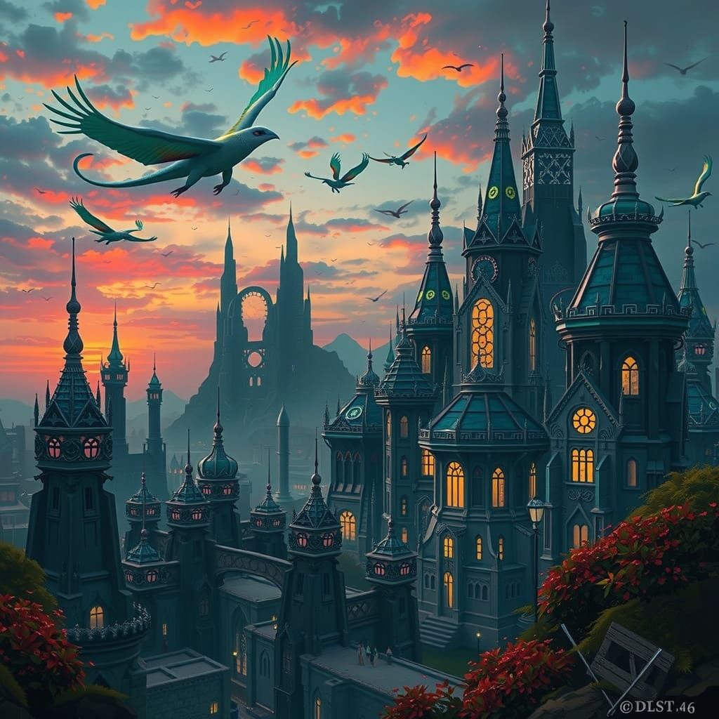 Majestic Cityscape with Green Spires and Red Lanterns