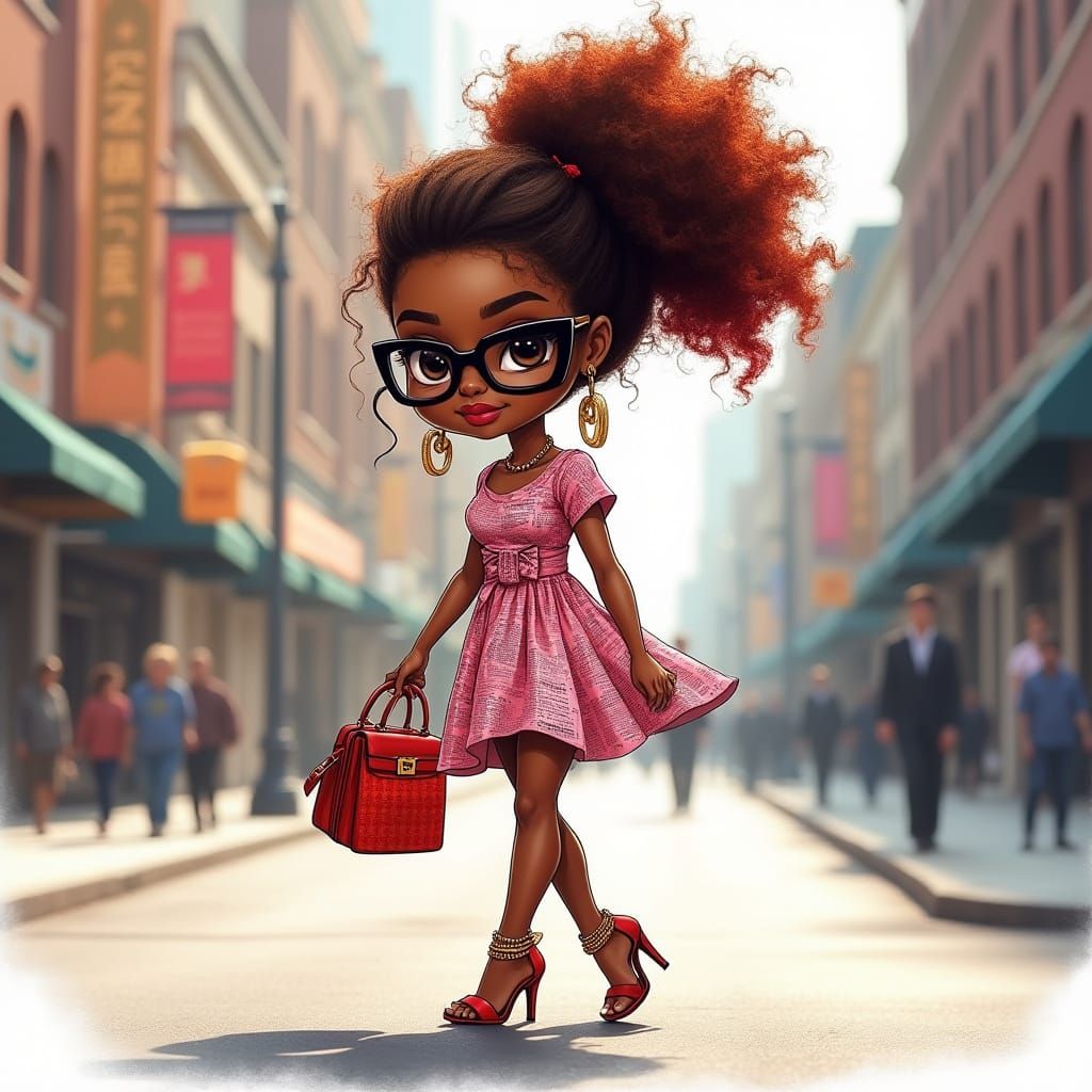 Chibi Woman in Newspaper Dress Walks Confidently