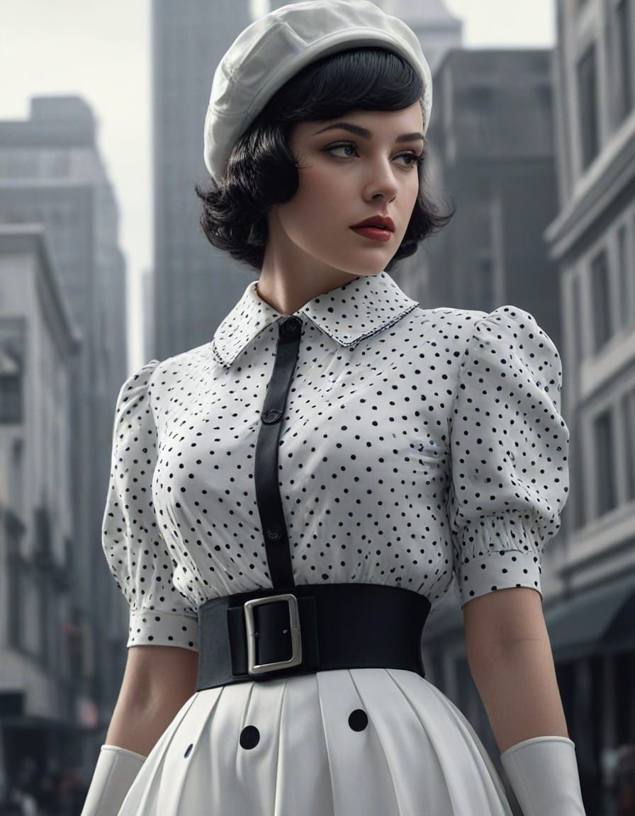 1930s Neo Retro Glamor Girl in Futuristic Polka Dot Attire