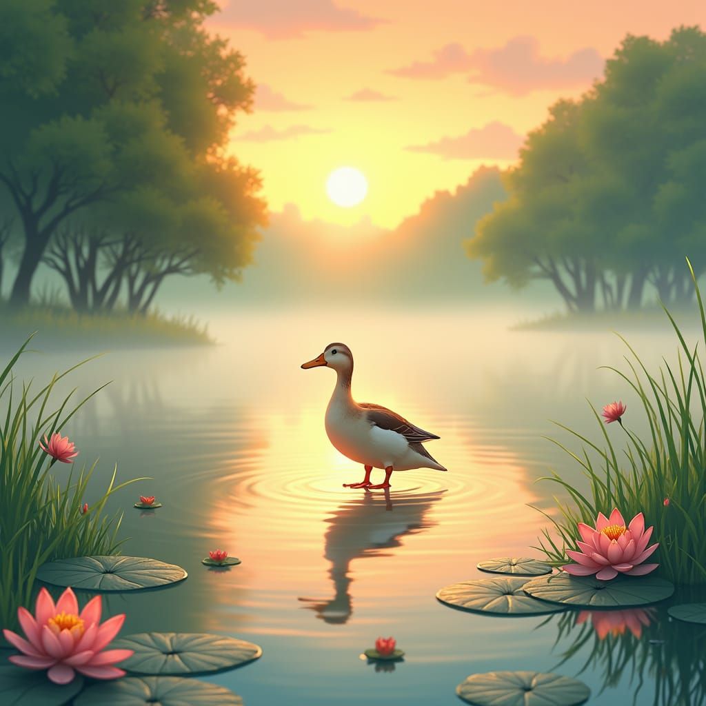 Duck on Misty Pond in Anime Manga Style
