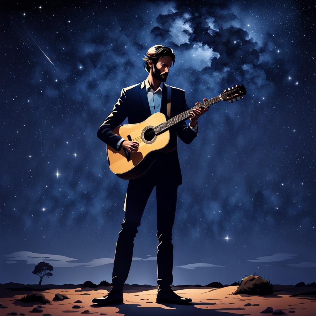 Tall thin handsome man playing guitar dark Australia night stars elegant good composition