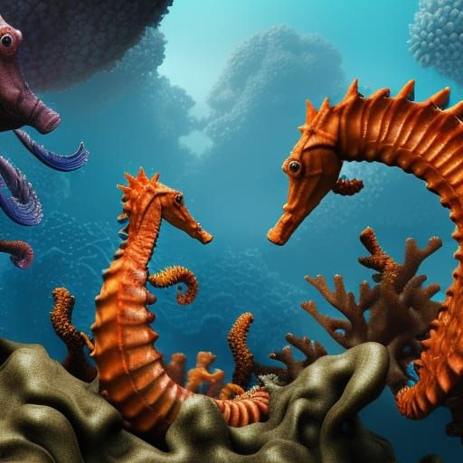 Seahorses United: A Hyperdetailed Digital Coral Reef Art