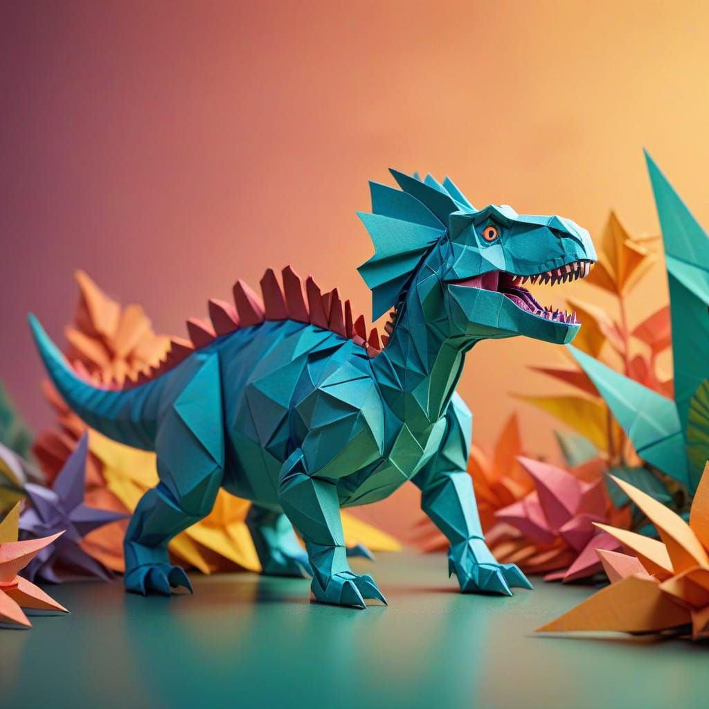 Colorful Origami Dinosaur in Paper Art Macro Photography