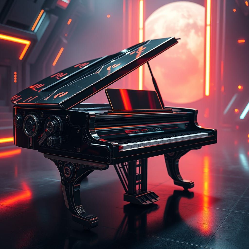Sleek Futuristic Piano in Polished Metal and Vibrant Lightin...
