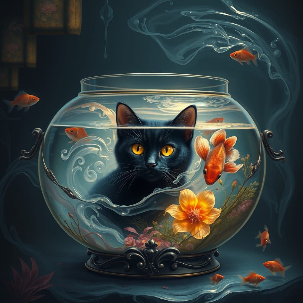 Ethereal Feline Enigma in an Enchanted Fish Bowl