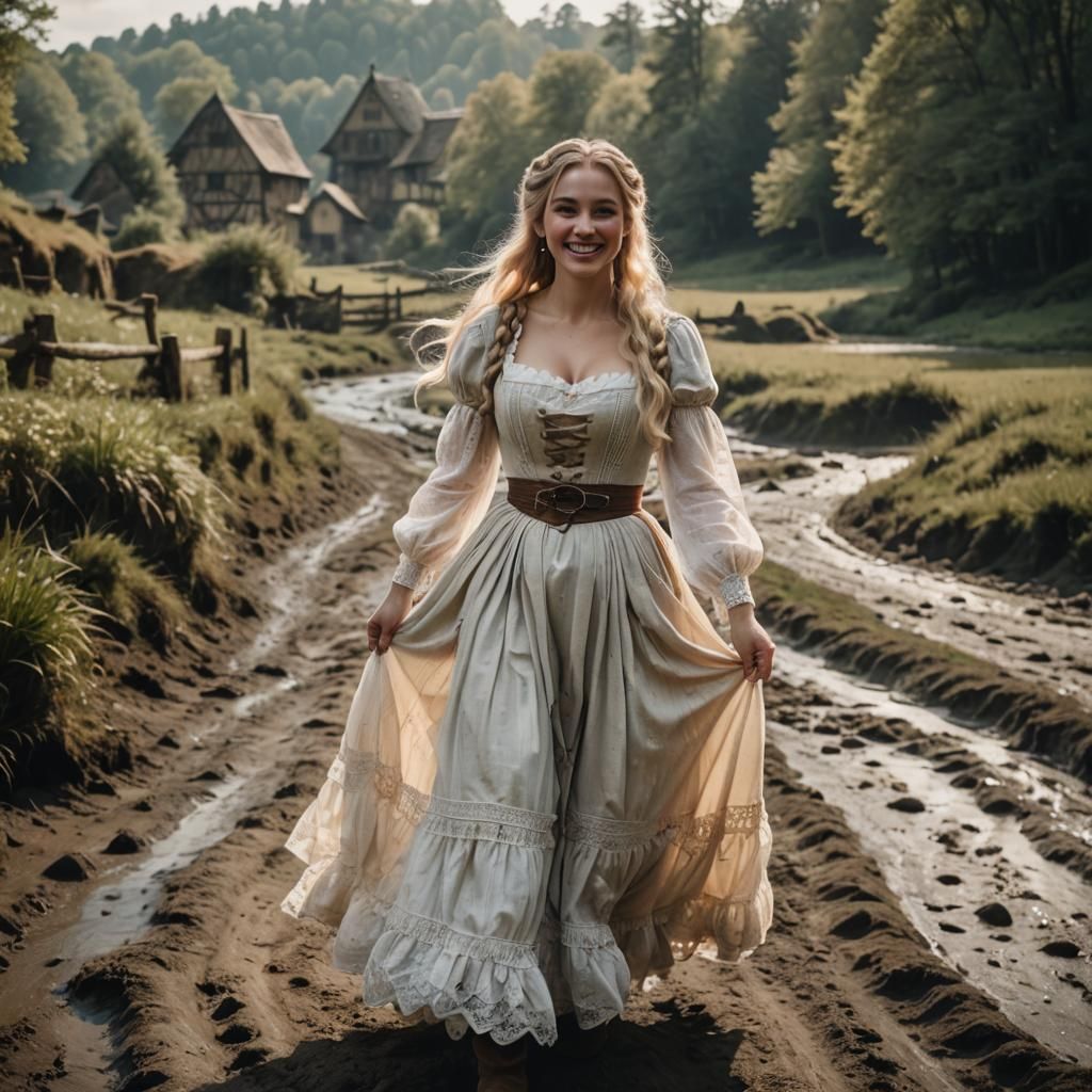 Blonde Haired Medieval Peasant Girl Walking on a Muddy Path