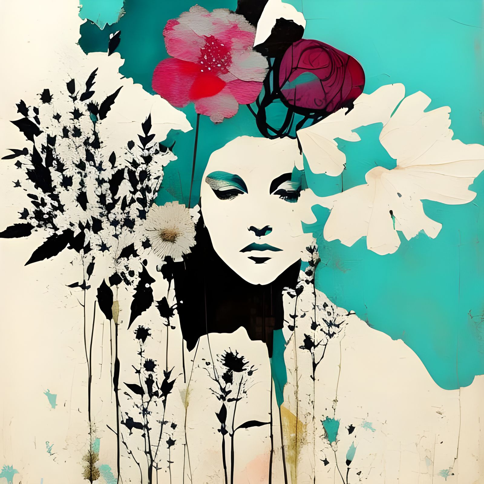Double exposure woman with flowers