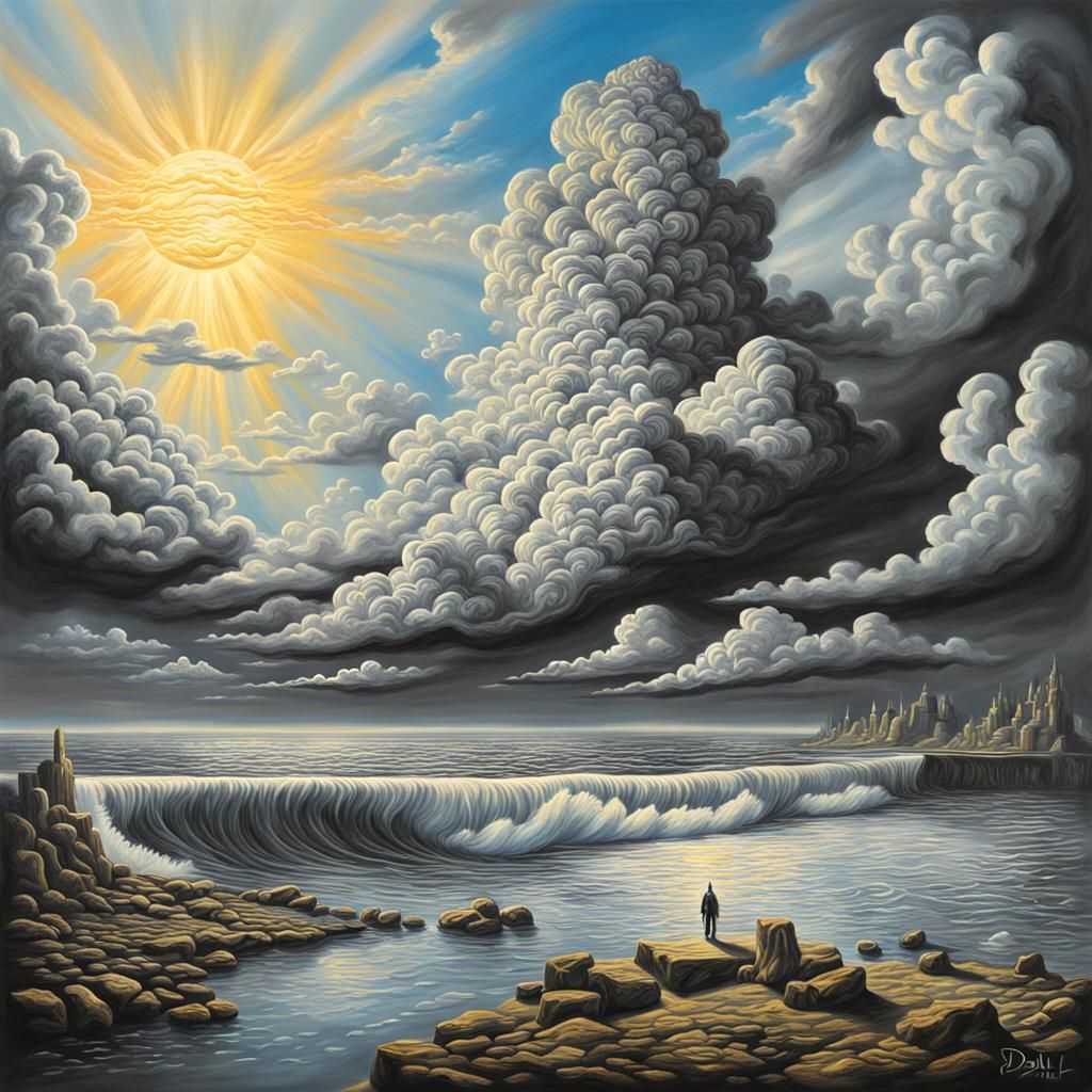 Divine Sunshine Beams Through Clouds in Surreal Oil Painting