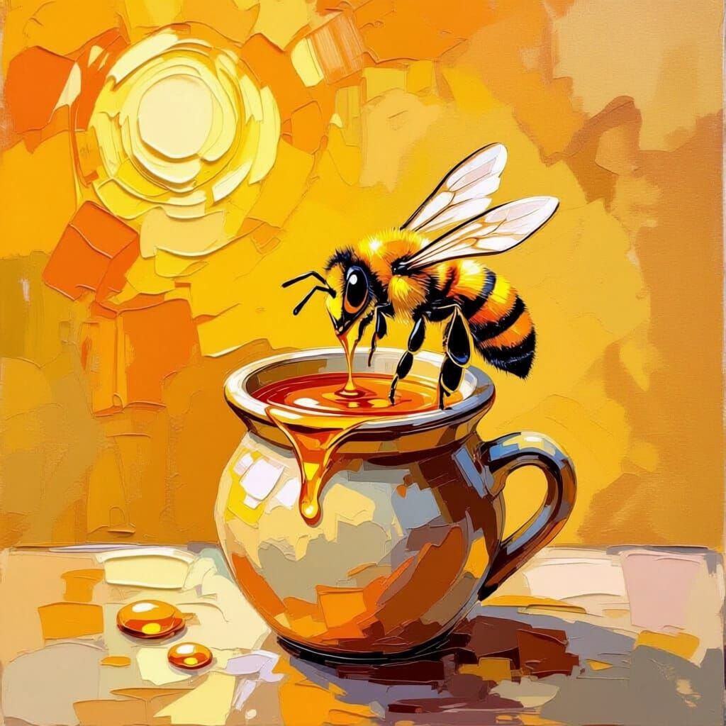 Impressionist Oil Painting of Bee and Honey Pot