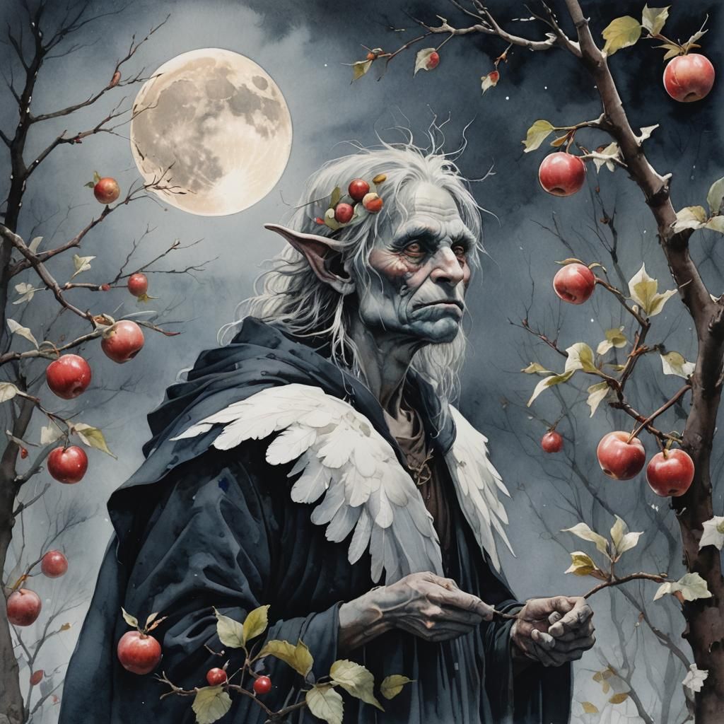 Troll in Orchard: Ethereal Watercolour Painting