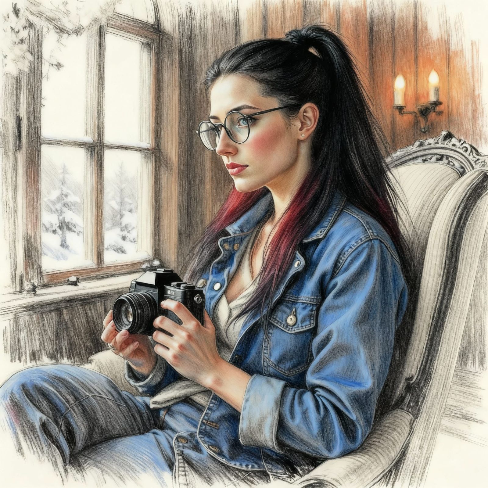 Nordic Woman with Dark Hair in Wood Cabin