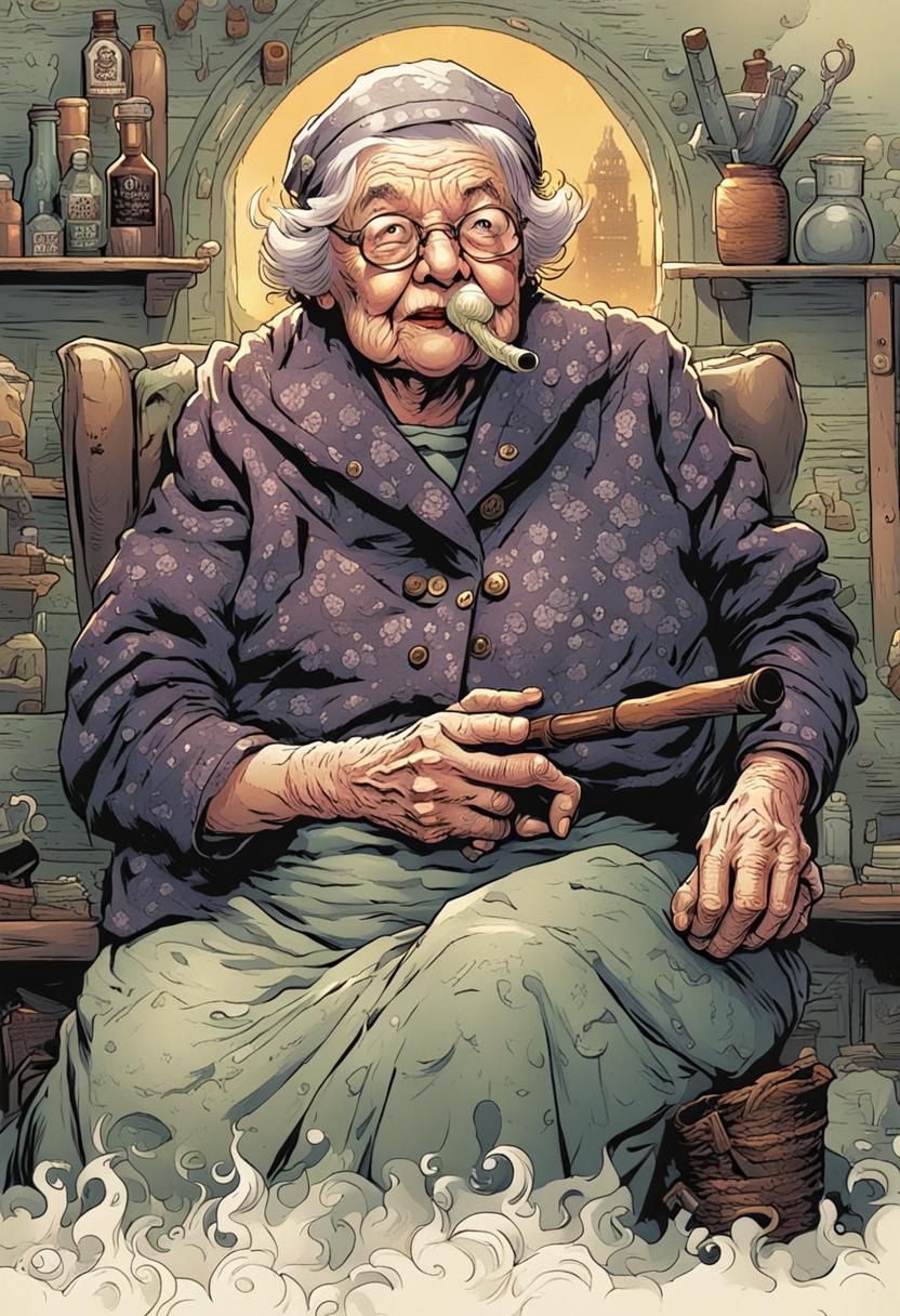 Granny smoking a corncob pipe. Mark Brooks and Dan Mumford, comic book art, perfect, smooth