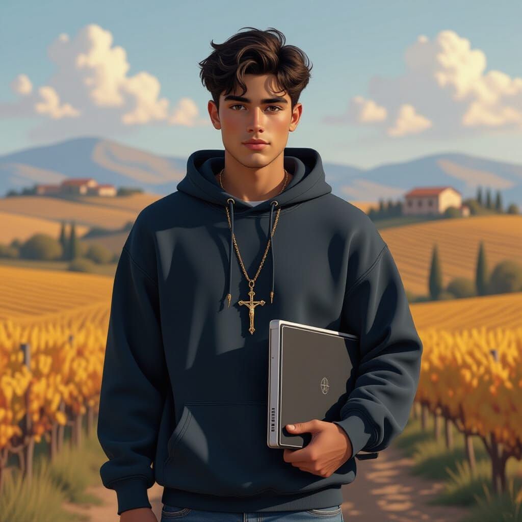 Portrait of Carlo Acutis with Computer, Italian Countryside