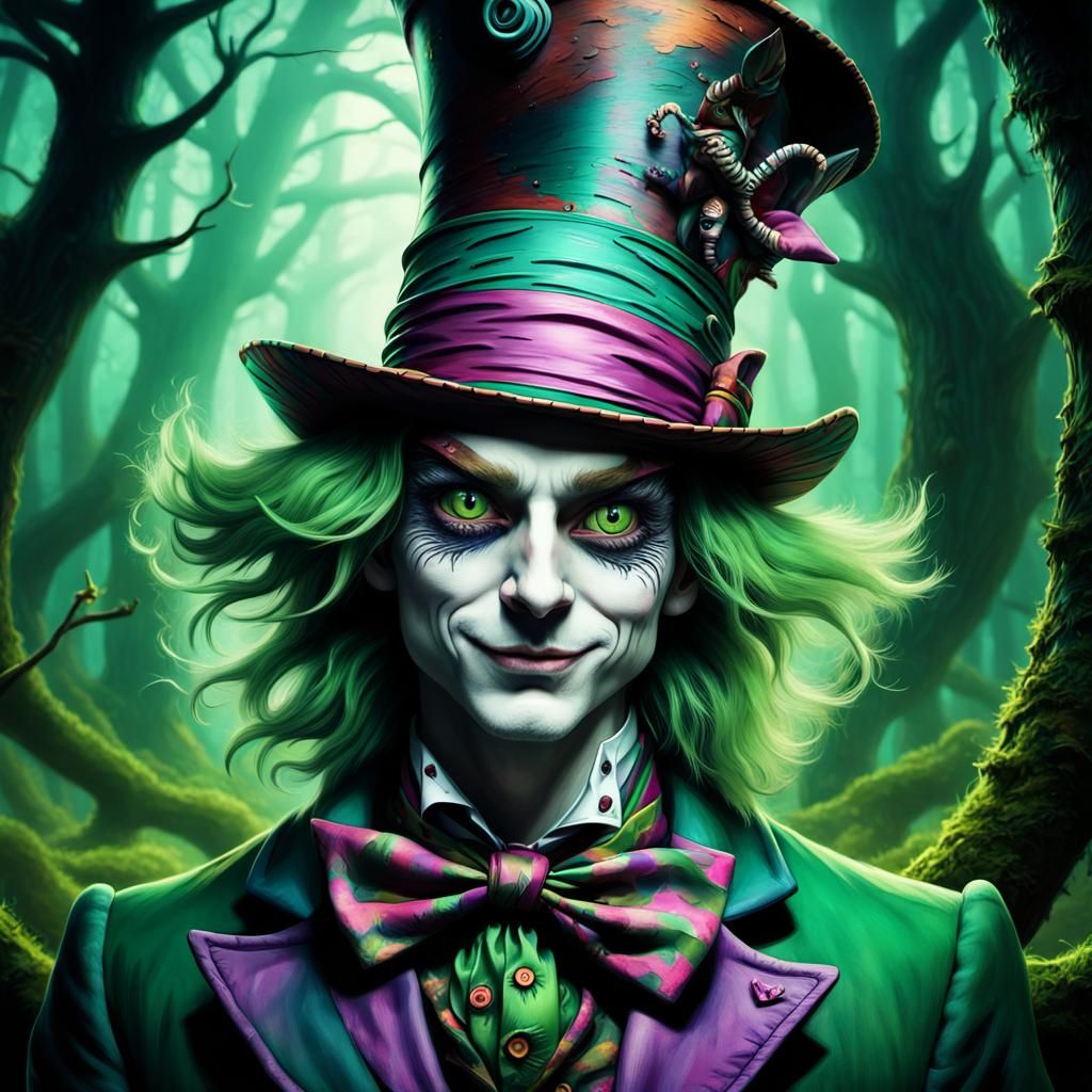 Mad Hatter Portrait in Eerie Forest, Surreal Art