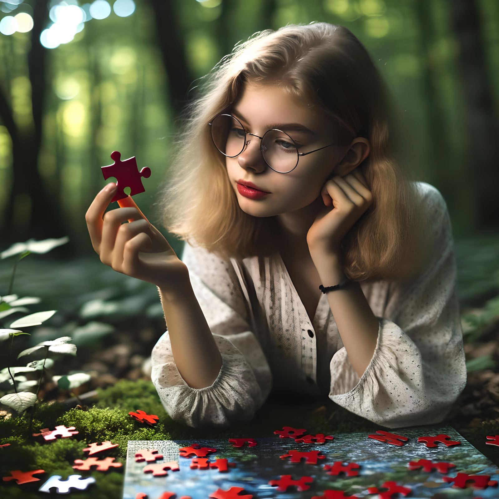 Girl Solves Jigsaw Puzzle in Forest with Bokeh