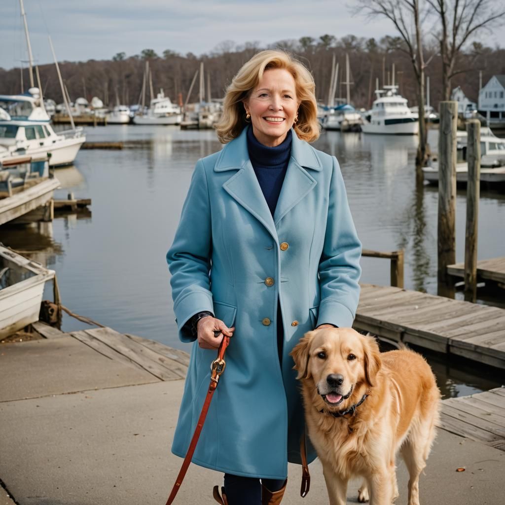Woman Walking Golden Retriever on Chesapeake Bay