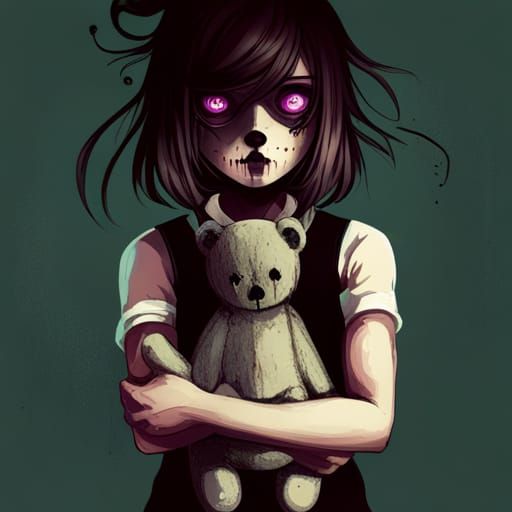 Creepy Girl with Teddy Bear in Anime Style
