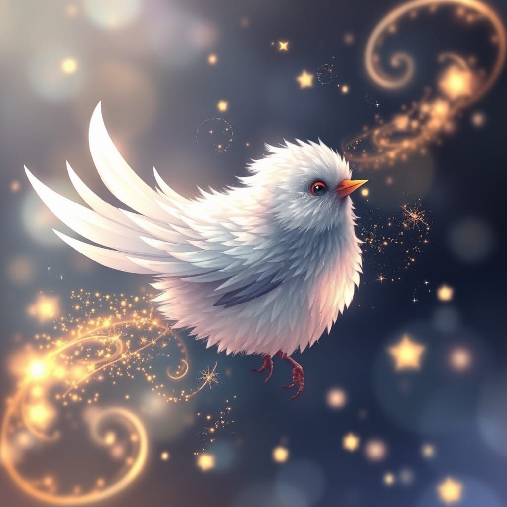 Magical Fluffy Bird with Golden Anime Sparkles