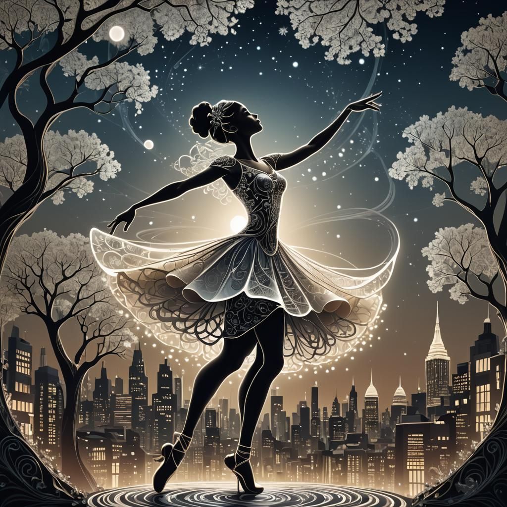 Ballerina Silhouette in Retro-Lit Futuristic City