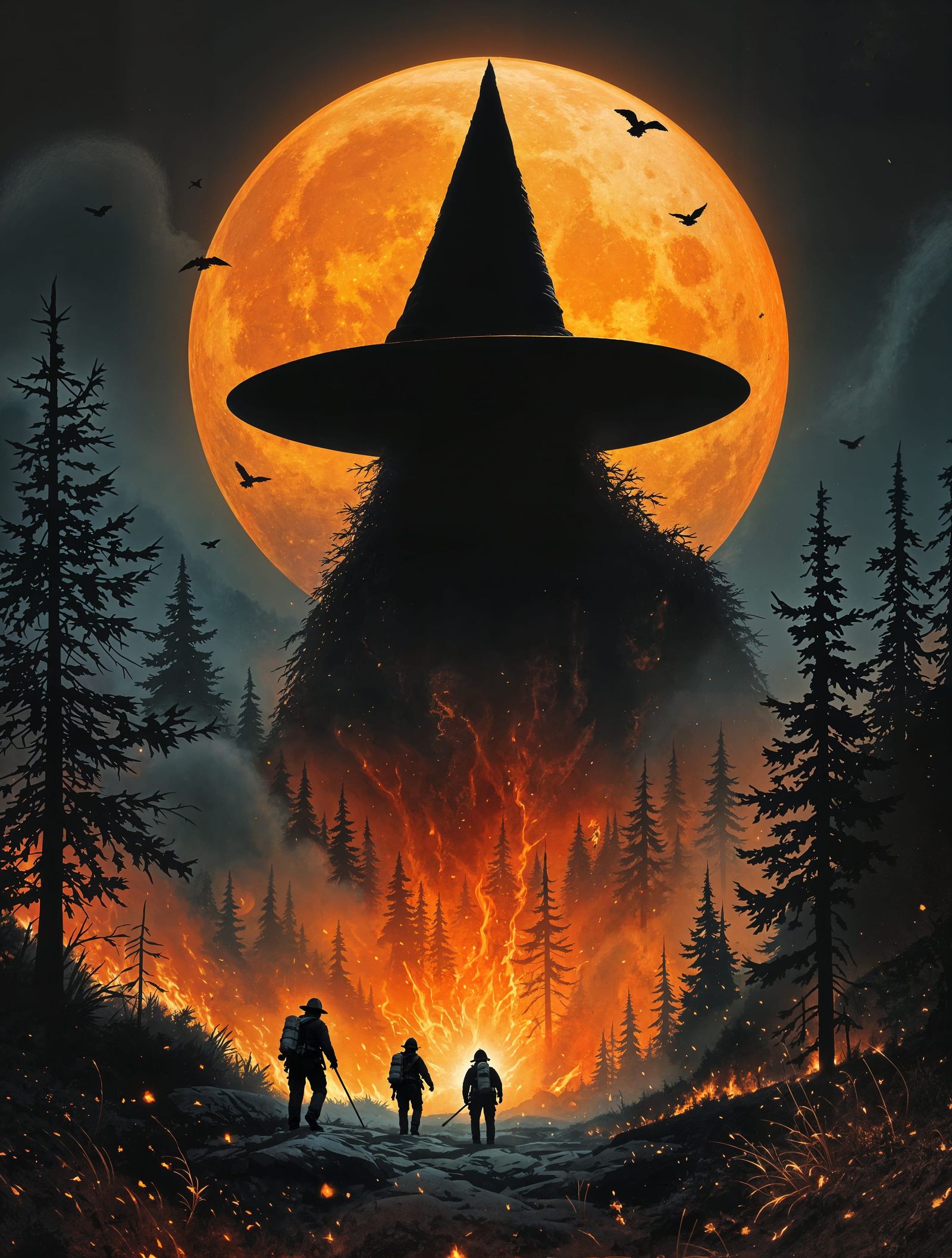 Epic Forest Fire Battle Under an Orange Moon