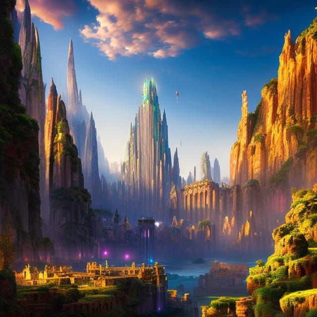 Retrofuturistic City of Gods with Volumetric Lighting