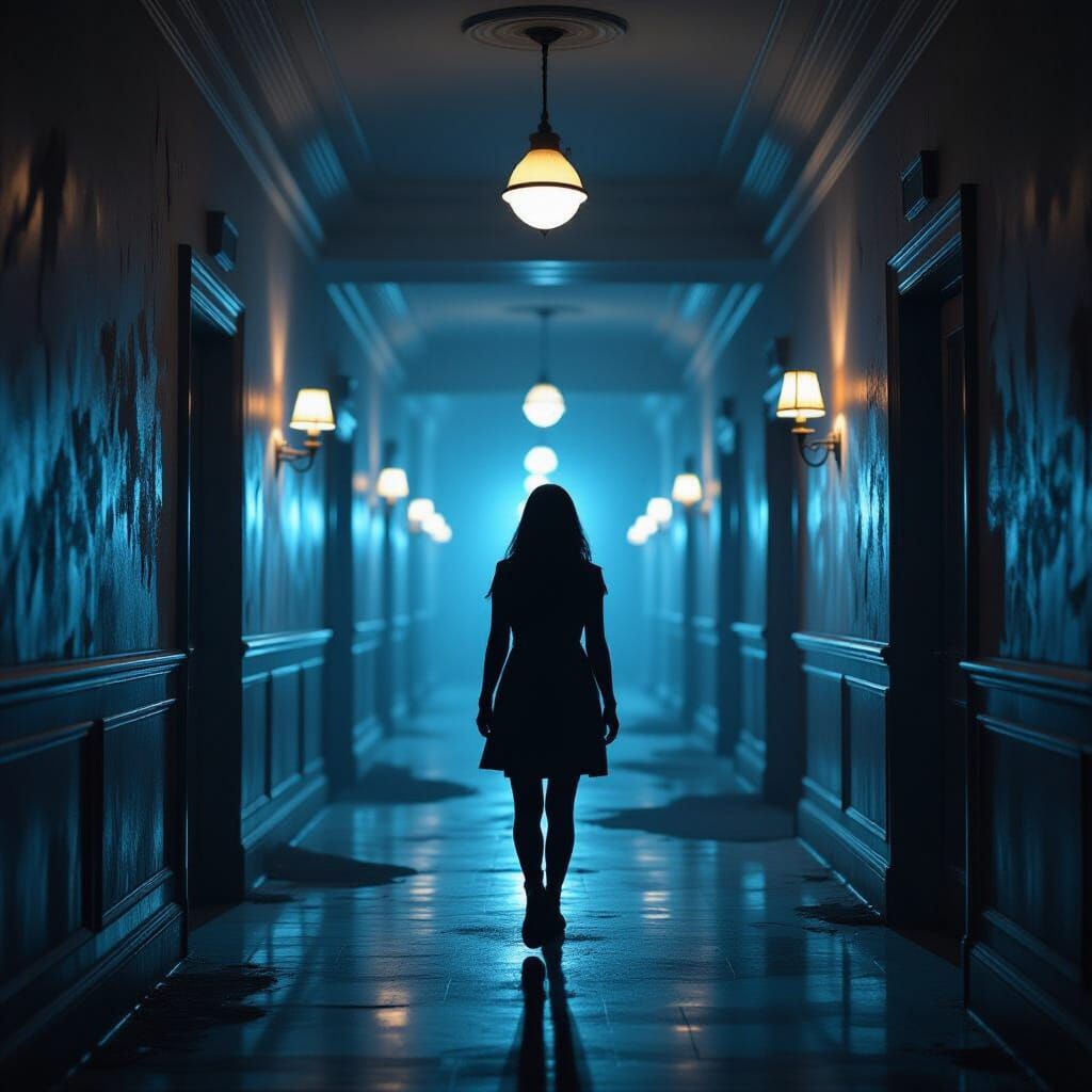 Lone Woman in Flickering Hotel Corridor at Night