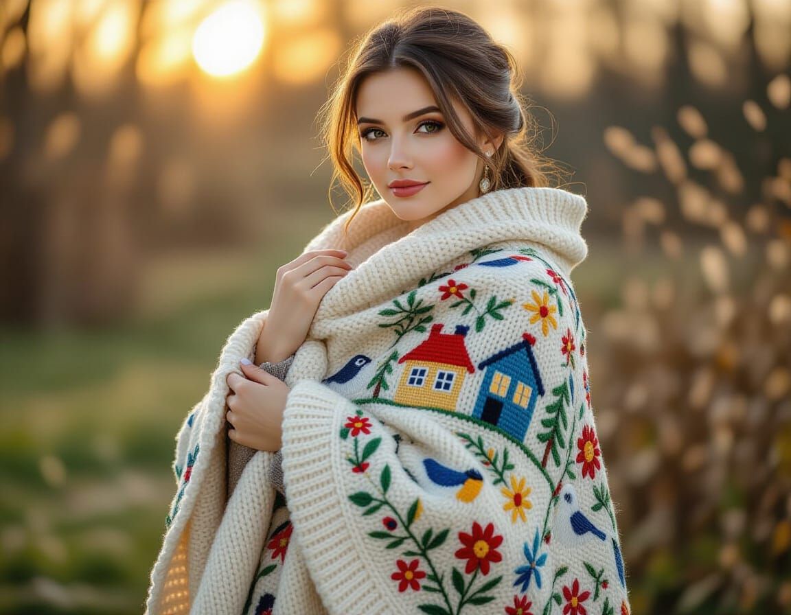 Lady in Embroidered Shawl, Soft Bokeh Portrait