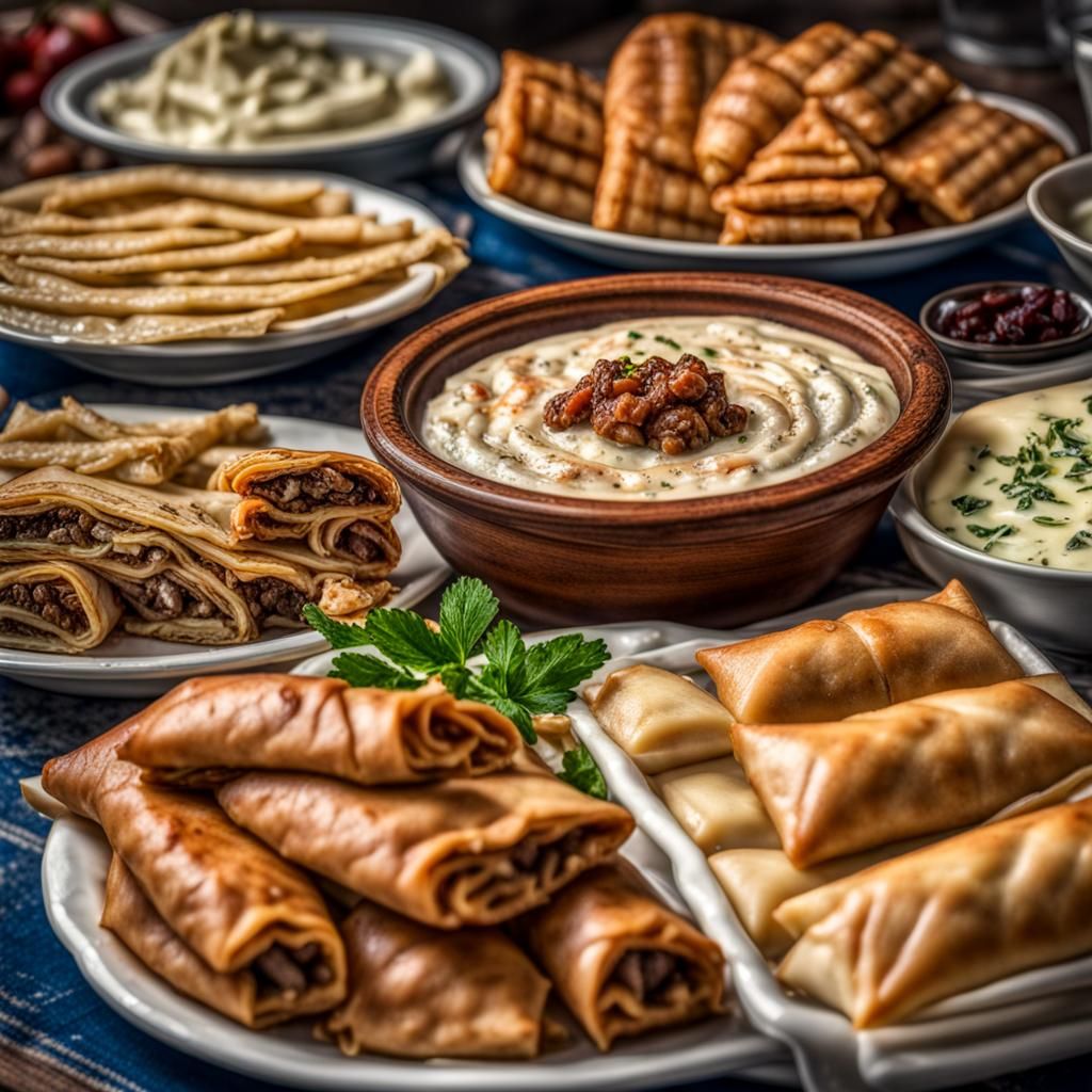 Delicious Greek Food Still Life: Gyros, Hummus, Baklava