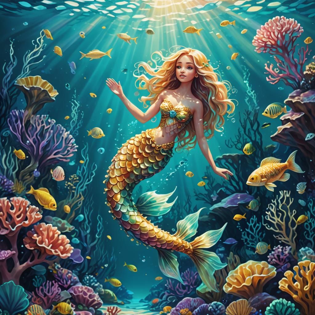 Mini Mermaid Yellyfisch in Coral Reef: Digital Art