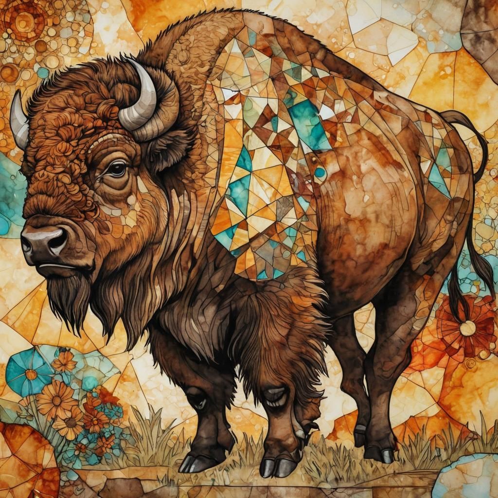 Surreal Art Deco Bison in Alcohol Ink