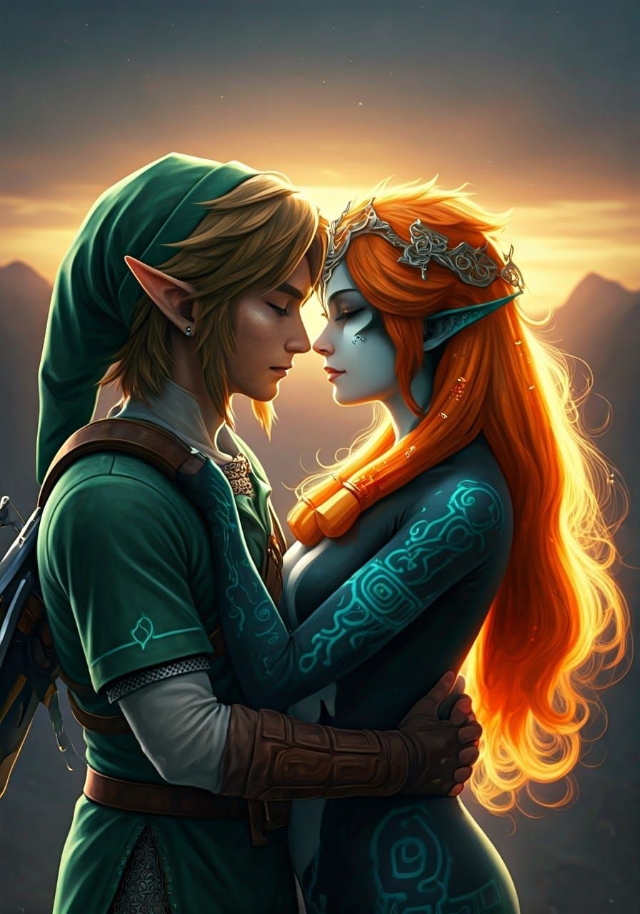 Link and Midna Embrace in Golden Twilight