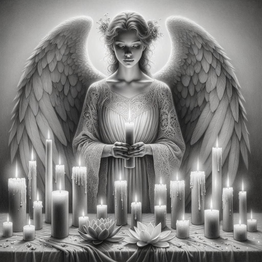Grayscale Angel with Candles: Hyperrealistic Pencil Art