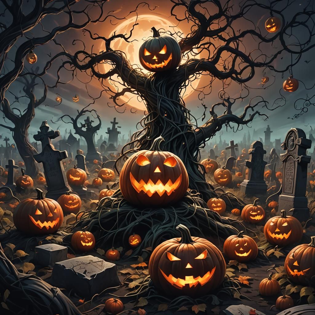Living Pumpkin in Spooky Patch: Dark Fantasy Art
