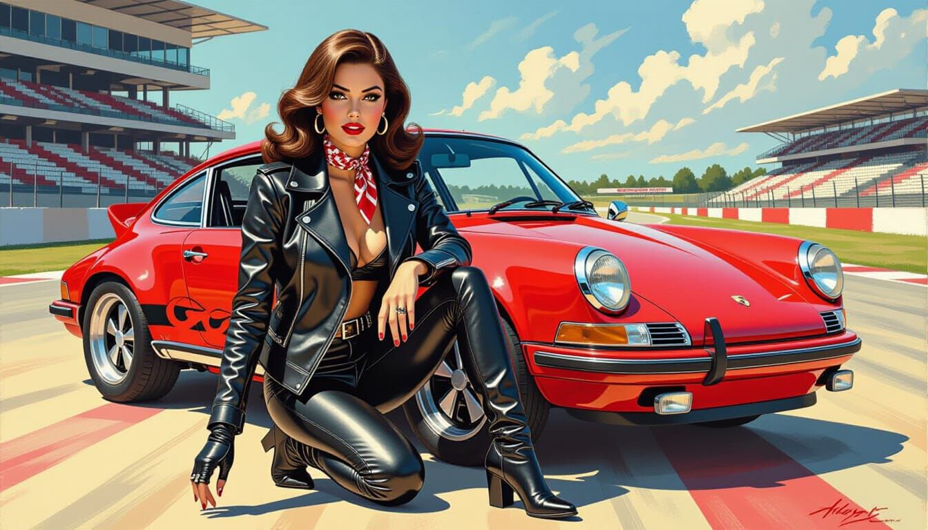 Glamorous 1970s Pinup Model with Porsche