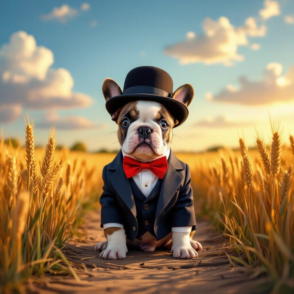 French Bulldog Puppy in Bow Tie at Golden Hour Sunset