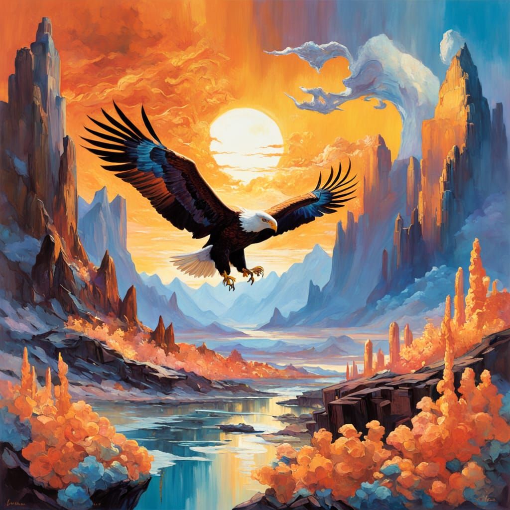 Ethereal Eagle Soars in Vibrant Sunset Landscape