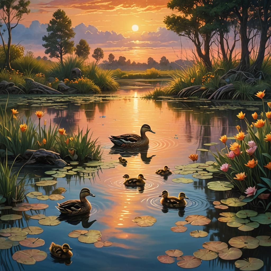 Sunset Pond: Mother Duck and Ducklings in Fantasy Art