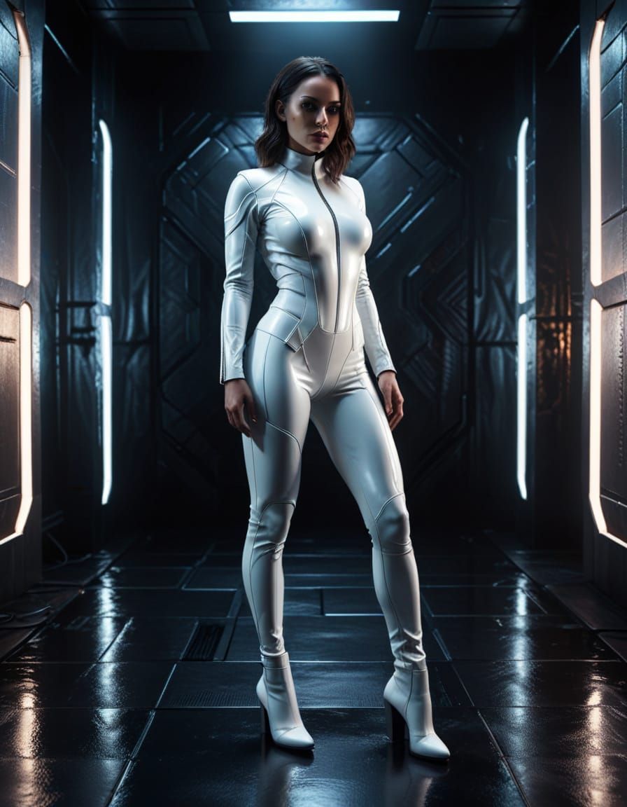 Hyperrealistic Woman in White Leather Bodysuit