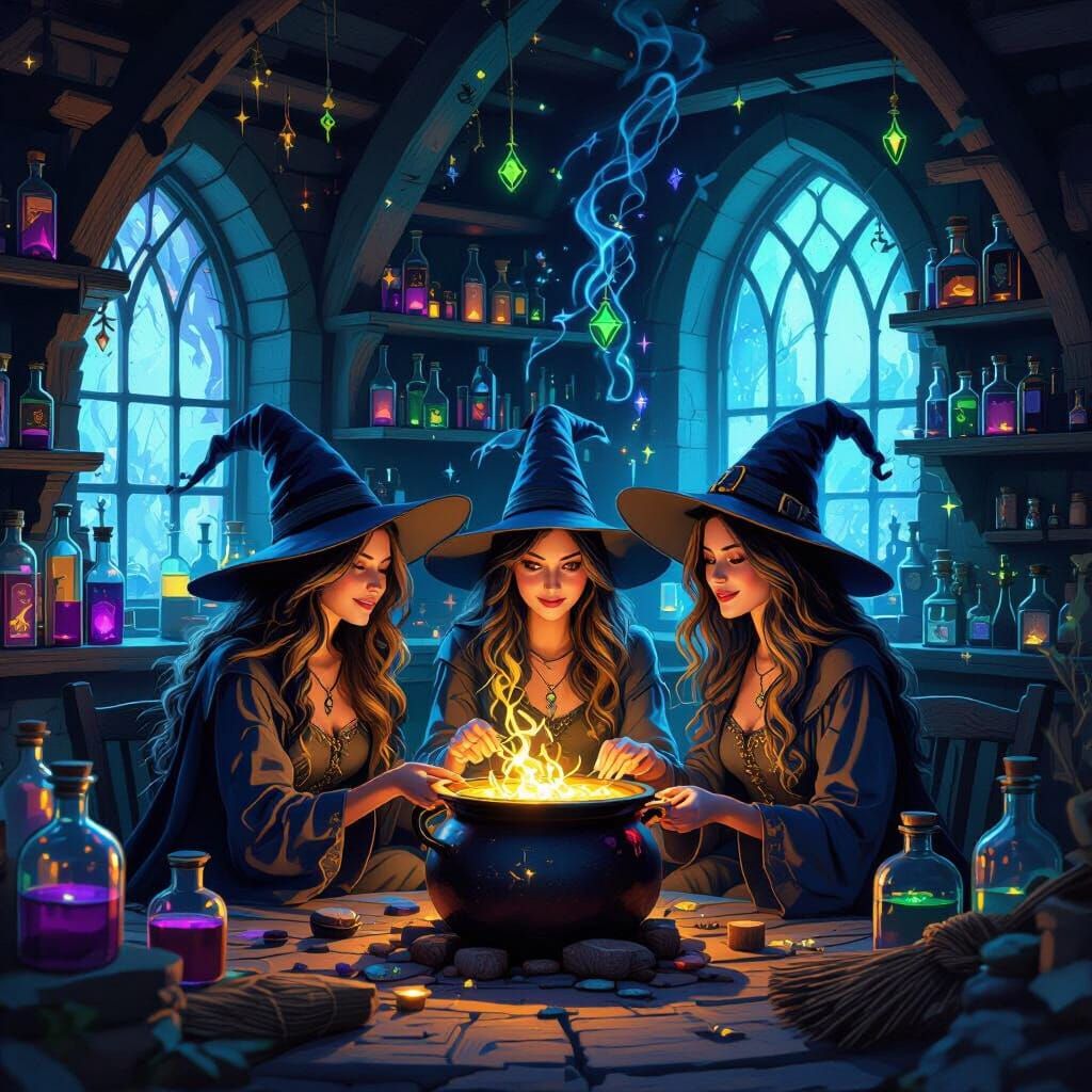 Three Witches Brewing Magic in Cozy Cottage