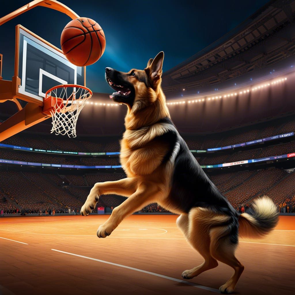 German Shepherd Slam Dunking in NBA Stadium