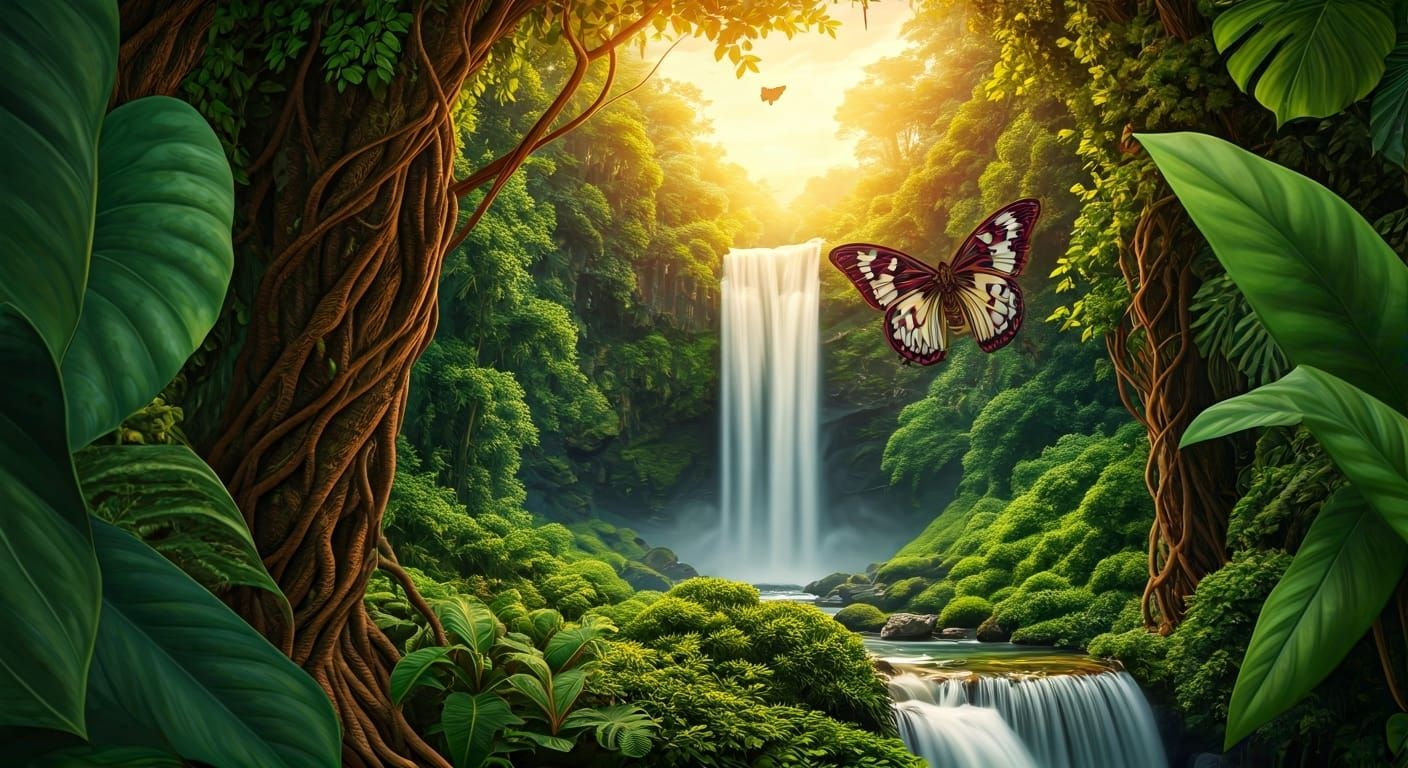 Iridescent Butterfly Flight Through Jungle at Sunset