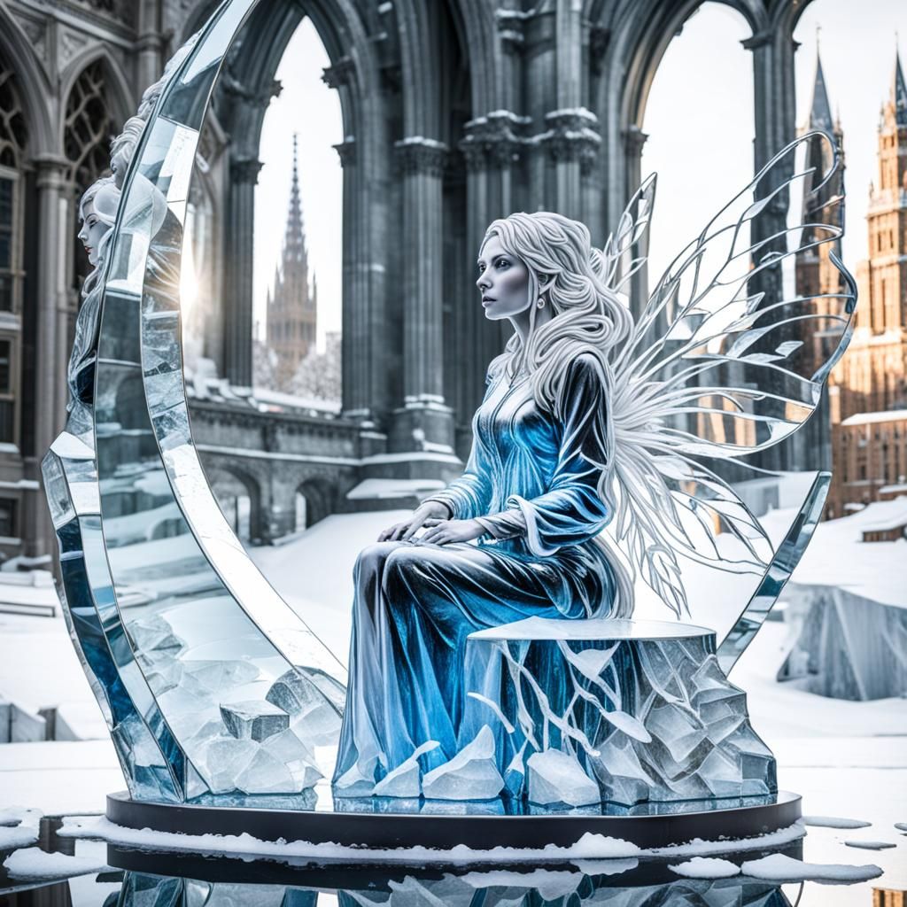 Ice Fairy in Frozen Mirror Sculpture