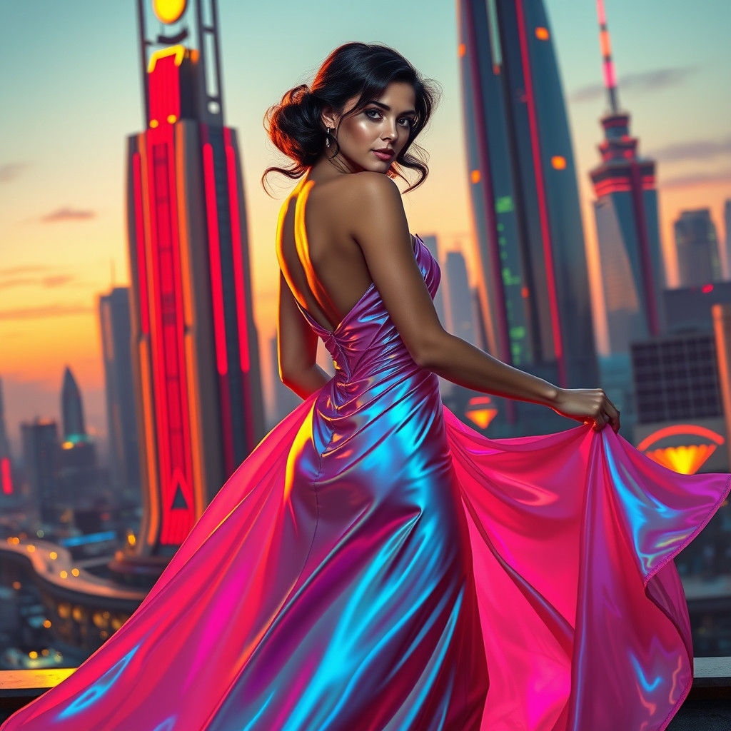 Futuristic 1960s Gown in Retro Cityscape